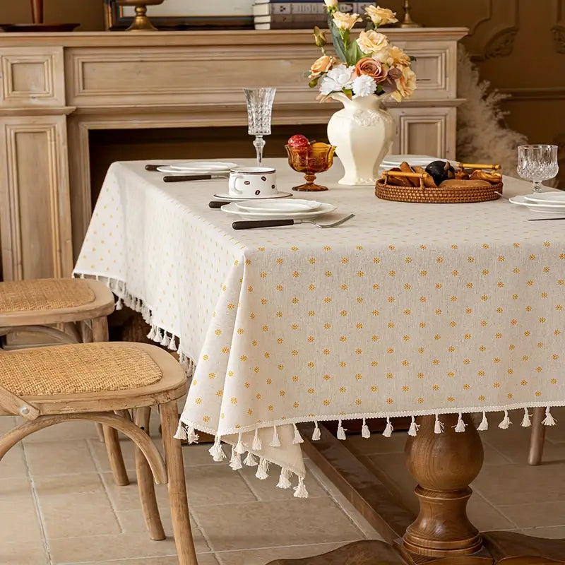 Tischdecke mit Fransen – Beige mit Blumenmuster