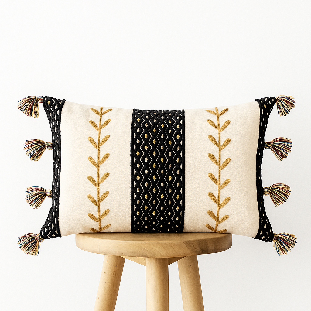 Kissenbezug 45x45 cm – Bestickt mit Quasten in Schwarz und Creme
