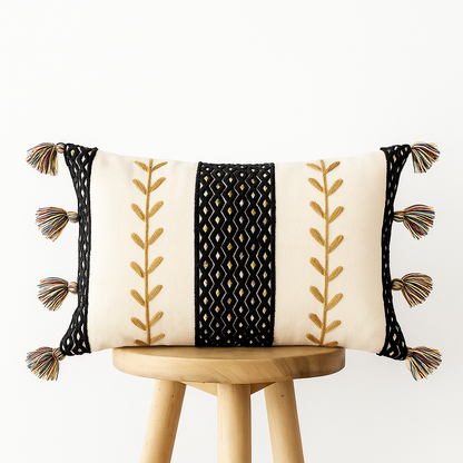 Kissenbezug 45x45 cm – Bestickt mit Quasten in Schwarz und Creme