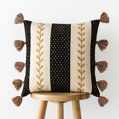 Kissenbezug 45x45 cm – Bestickt mit Quasten in Schwarz und Creme