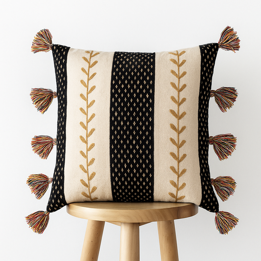 Kissenbezug 45x45 cm – Bestickt mit Quasten in Schwarz und Creme