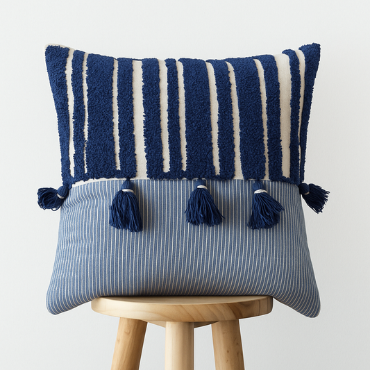 Kissenbezug 45x45 cm – Blau mit Streifen und Quasten
