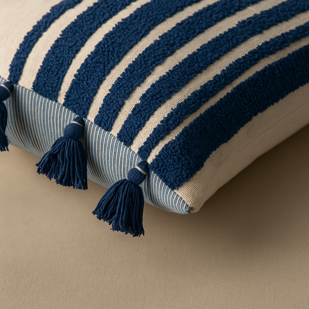 Kissenbezug 45x45 cm – Blau mit Streifen und Quasten
