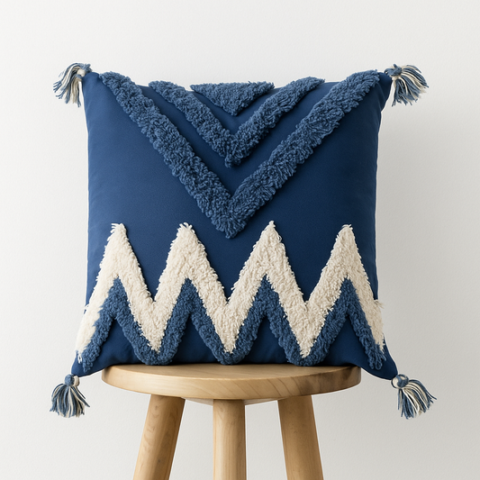 Kissenbezug 45x45 cm – Zickzack mit Quasten in Blau oder Gelb