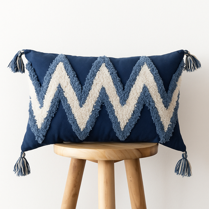 Kissenbezug 45x45 cm – Zickzack mit Quasten in Blau oder Gelb
