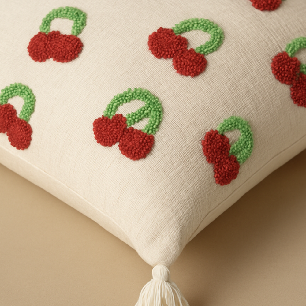 Boho Kissenbezug 45x45 cm – Kirschenmuster auf Weiß mit Quasten