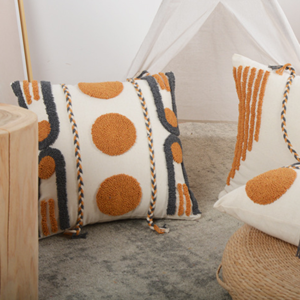 Boho Kissenbezug 45x45 cm – Strukturmuster in Grau und Ocker