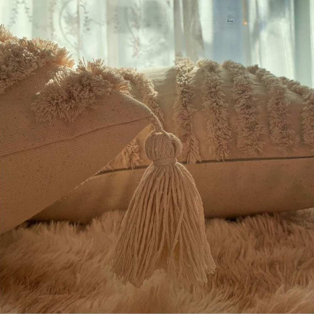 Boho Kissenbezug 45x45 cm – Rautenmuster mit Quasten in Senfgelb Beige