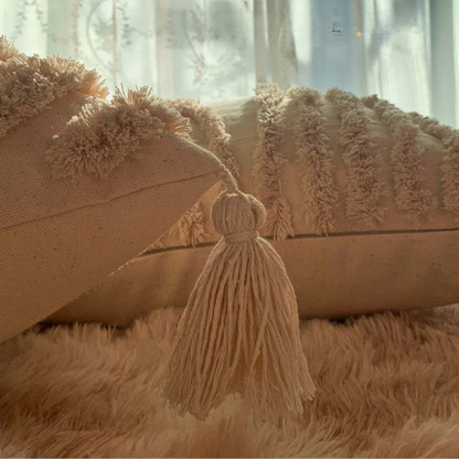 Boho Kissenbezug 45x45 cm – Rautenmuster mit Quasten in Senfgelb Beige