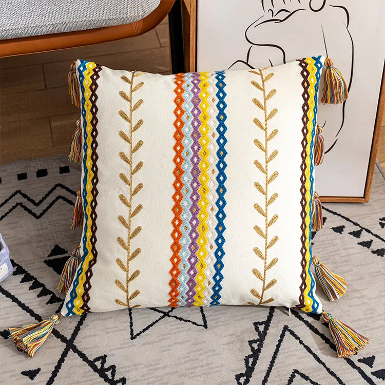 Boho Kissenbezug 45x45 & 30x50 cm – Bunt bestickt mit Quasten