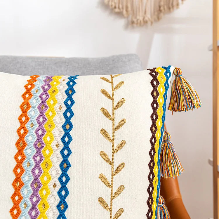 Boho Kissenbezug 45x45 & 30x50 cm – Bunt bestickt mit Quasten
