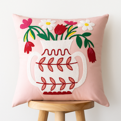 Stickerei Kissenbezug 45x45 cm – Blütenmotiv in Rosa oder Gelb