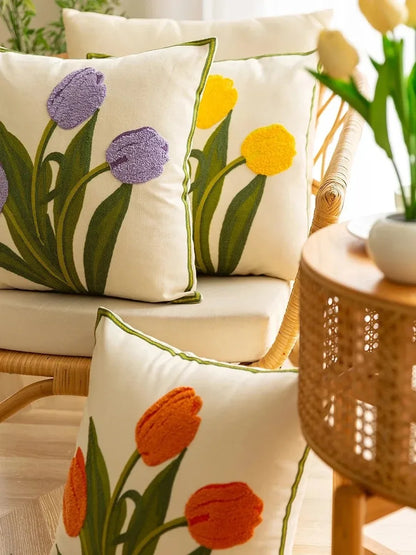 Kissenbezug 45x45 cm – Florale Stickerei mit Tulpenmotiv in Mehrfarbig