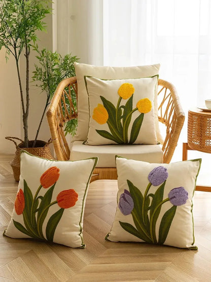 Kissenbezug 45x45 cm – Florale Stickerei mit Tulpenmotiv in Mehrfarbig