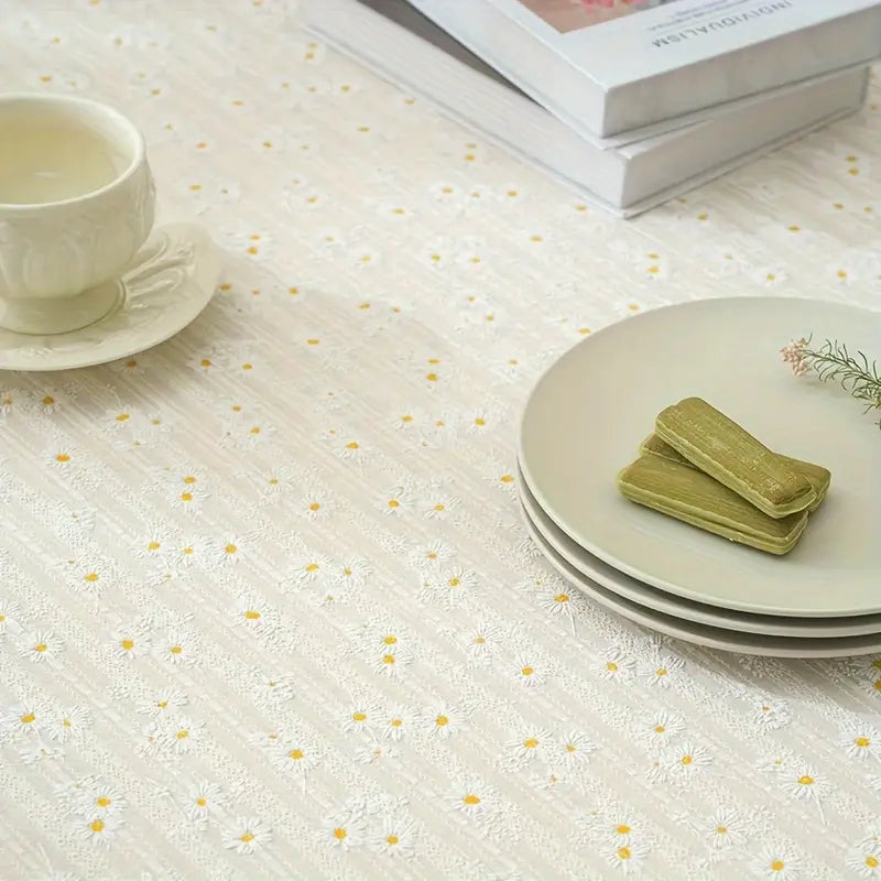 Tischdecke mit Gänseblümchen und Quasten – Creme Baumwolle