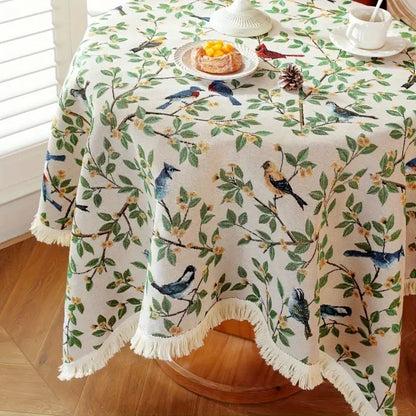 Tischdecke – Beige mit grünem Blätter-Print und Vögeln