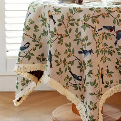Tischdecke – Beige mit grünem Blätter-Print und Vögeln
