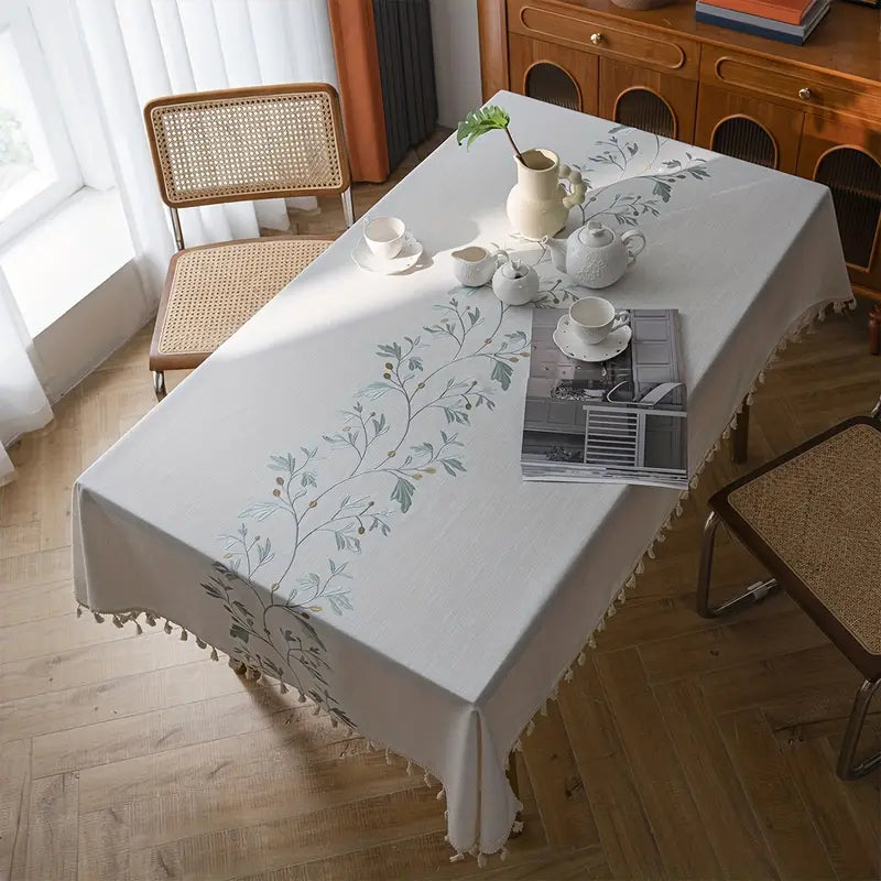 Tischdecke mit Fransen – Beige mit Blattmuster