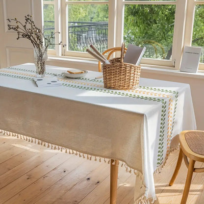 Tischdecke Boho mit Quasten und Blättermuster