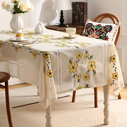 Tischdecke – Creme mit gelben Blumen und Spitzenrand