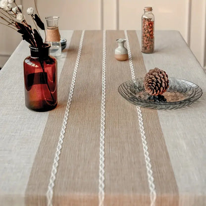 Tischdecke – Naturbeige mit Zierstreifen in Braun