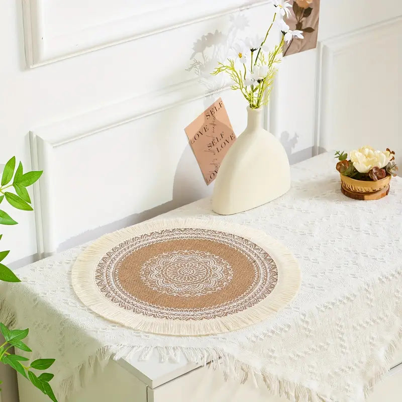 Tischsets Jute 4er Set rund – Boho Platzsets mit Fransen