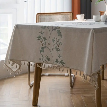 Tischdecke mit Fransen – Beige mit Blattmuster