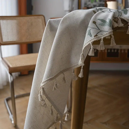Tischdecke mit Fransen – Beige mit Blattmuster