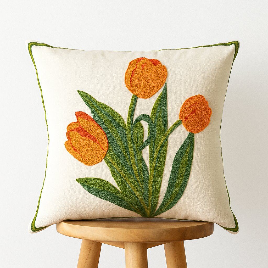 Kissenbezug 45x45 cm – Florale Stickerei mit Tulpenmotiv in Mehrfarbig
