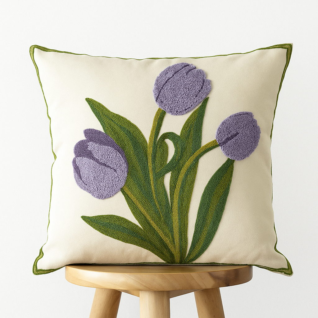Kissenbezug 45x45 cm – Florale Stickerei mit Tulpenmotiv in Mehrfarbig