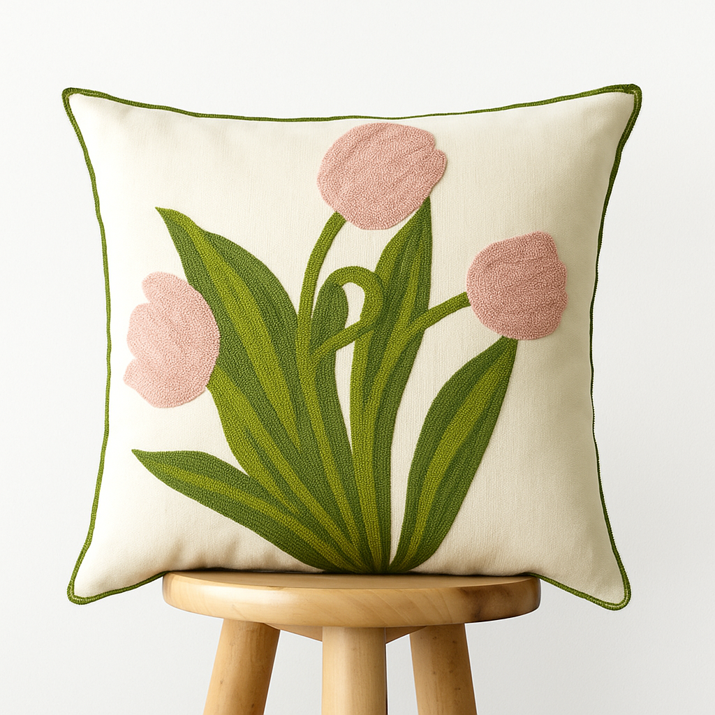 Kissenbezug 45x45 cm – Florale Stickerei mit Tulpenmotiv in Mehrfarbig